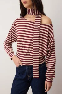 TRENDYOLMİLLA Multicolored Striped Open Omuzlu Shawl Accessory Detailed Regular/Normal Pattern Knitting Blouse - Image 3