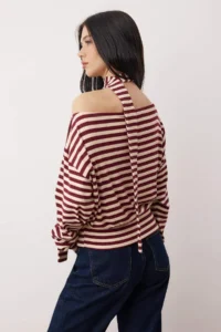 TRENDYOLMİLLA Multicolored Striped Open Omuzlu Shawl Accessory Detailed Regular/Normal Pattern Knitting Blouse - Image 4