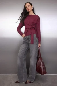 TRENDYOLMİLLA Burgundy Striped Binding Detailed Long Sleeve Boat Neck Knitting Blouse - Image 2