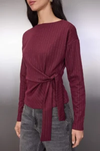 TRENDYOLMİLLA Burgundy Striped Binding Detailed Long Sleeve Boat Neck Knitting Blouse - Image 3