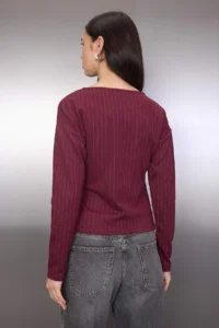 TRENDYOLMİLLA Burgundy Striped Binding Detailed Long Sleeve Boat Neck Knitting Blouse - Image 4