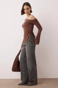 TRENDYOLMİLLA Brown Open Shouldered Asymmetric Fitted/Vüdua Otuan Spanish Arm Knitting Blouse - Image 2