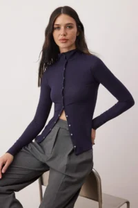 TRENDYOLMİLLA Navy Blue Front Full Snap Button Closure Camisole Fitted/Body-Sitting Knitting Blouse - Image 2