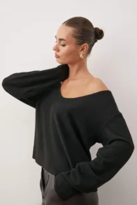 TRENDYOLMİLLA Black Open Shoulder relaxed/Rahat Pattern Loose Knitting Blouse - Image 2