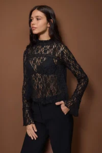 TRENDYOLMİLLA Black Ribbon Accessory Detailed Regular/Normal Pattern Lace Flexible Knitting Blouse