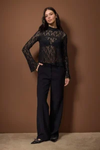 TRENDYOLMİLLA Black Ribbon Accessory Detailed Regular/Normal Pattern Lace Flexible Knitting Blouse - Image 2