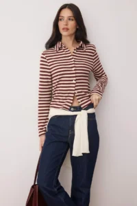 TRENDYOLMİLLA Ecru Striped Thessaloniki buttoned Fitted Polo Shirt Collar Knitting Blouse