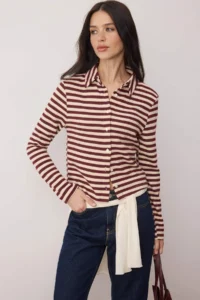 TRENDYOLMİLLA Ecru Striped Thessaloniki buttoned Fitted Polo Shirt Collar Knitting Blouse - Image 2
