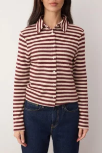 TRENDYOLMİLLA Ecru Striped Thessaloniki buttoned Fitted Polo Shirt Collar Knitting Blouse - Image 3