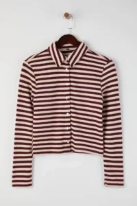 TRENDYOLMİLLA Ecru Striped Thessaloniki buttoned Fitted Polo Shirt Collar Knitting Blouse - Image 5