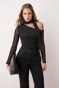 TRENDYOLMİLLA Black Floral Fitted Asymmetric Collar Long Sleeve Belted Tulle Knitting Blouse - Image 2
