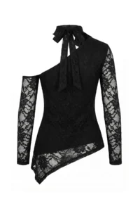 TRENDYOLMİLLA Black Floral Fitted Asymmetric Collar Long Sleeve Belted Tulle Knitting Blouse - Image 5