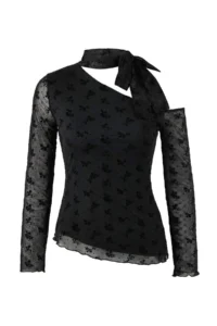 TRENDYOLMİLLA Black Floral Fitted Asymmetric Collar Long Sleeve Belted Tulle Knitting Blouse - Image 6
