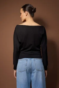 TRENDYOLMİLLA Black Boat Neck Regular Size Knitting Blouse - Image 4