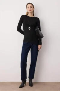 TRENDYOLMİLLA Black Asymmetric Long Sleeve Soft Knitting Blouse - Image 2