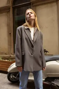 TRENDYOLMİLLA Gray Checkered/Checkered LONG Oversized Weaving  Blazer Jacket - Image 2