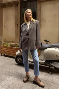 TRENDYOLMİLLA Gray Checkered/Checkered LONG Oversized Weaving  Blazer Jacket - Image 4