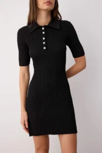 TRENDYOLMİLLA Black Button Detailed Plain A-line Polo Shirt Collar Mini Knit Dress - Image 3