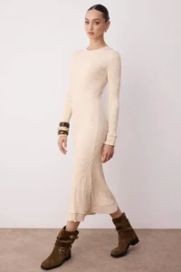 TRENDYOLMİLLA Powder Pink Mercerized Look Premium Yarn/Special Yarn Maxi Ribbed Dog collar Knit Dress - Image 2