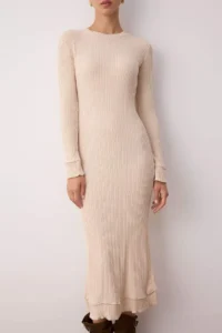 TRENDYOLMİLLA Powder Pink Mercerized Look Premium Yarn/Special Yarn Maxi Ribbed Dog collar Knit Dress - Image 3