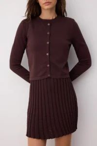TRENDYOLMİLLA Brown 2 Sets Premium/Special Yarn Mercerized Look Mini Knitwear Cardigan-Dress Set - Image 3