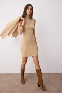 TRENDYOLMİLLA Beige 2 Sets Midi Knitwear Premium Yarn/Special Yarn Soft textured Cardigan-Dress - Image 2