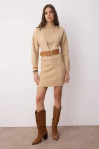 TRENDYOLMİLLA Beige 2 Sets Midi Knitwear Premium Yarn/Special Yarn Soft textured Cardigan-Dress - Image 3