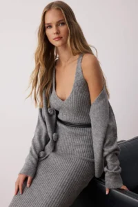 TRENDYOLMİLLA Gray 2 Sets Midi Soft textured V-neck bodycone/Bodysuit hugging Knitwear Cardigan-Dress - Image 2