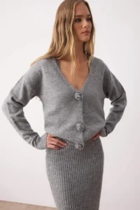 TRENDYOLMİLLA Gray 2 Sets Midi Soft textured V-neck bodycone/Bodysuit hugging Knitwear Cardigan-Dress - Image 3