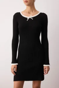 TRENDYOLMİLLA Black Mercerized Look Premium Yarn/Special Yarn Color Blocked Plain Mini Knit Dress - Image 3