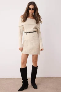 TRENDYOLMİLLA Stone Plain Mini Soft textured Carmen Collar Knit Dress - Image 2
