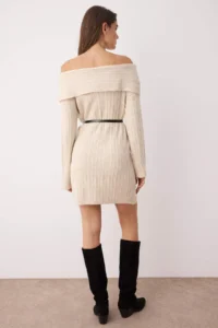 TRENDYOLMİLLA Stone Plain Mini Soft textured Carmen Collar Knit Dress - Image 4