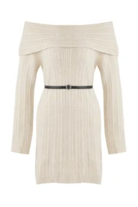 TRENDYOLMİLLA Stone Plain Mini Soft textured Carmen Collar Knit Dress - Image 5
