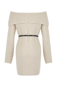 TRENDYOLMİLLA Stone Plain Mini Soft textured Carmen Collar Knit Dress - Image 6