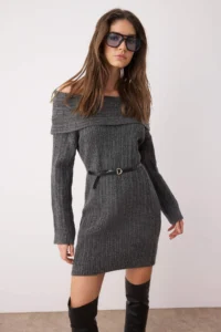 TRENDYOLMİLLA Anthracite Plain Mini Soft textured Carmen Collar Knit Dress - Image 2