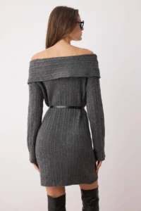 TRENDYOLMİLLA Anthracite Plain Mini Soft textured Carmen Collar Knit Dress - Image 4