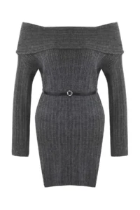 TRENDYOLMİLLA Anthracite Plain Mini Soft textured Carmen Collar Knit Dress - Image 5