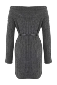 TRENDYOLMİLLA Anthracite Plain Mini Soft textured Carmen Collar Knit Dress - Image 6