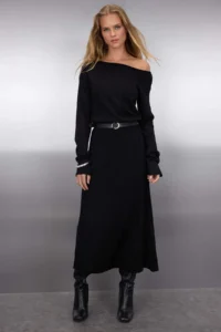 TRENDYOLMİLLA Black A-line Boat Neck Maxi Knitwear Arched LONG Dress - Image 2