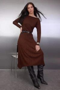 TRENDYOLMİLLA Brown A-line Boat Neck Maxi Knitwear Arched LONG Dress - Image 2
