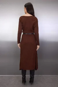 TRENDYOLMİLLA Brown A-line Boat Neck Maxi Knitwear Arched LONG Dress - Image 4