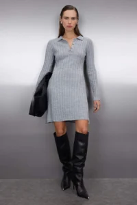 TRENDYOLMİLLA Gray Plain Mini Polo Shirt Collar Ribbed Soft textured Knit Dress - Image 2