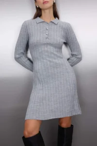 TRENDYOLMİLLA Gray Plain Mini Polo Shirt Collar Ribbed Soft textured Knit Dress - Image 3