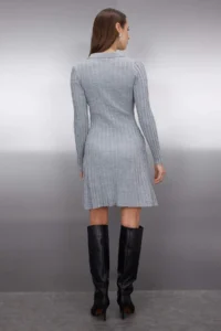 TRENDYOLMİLLA Gray Plain Mini Polo Shirt Collar Ribbed Soft textured Knit Dress - Image 4