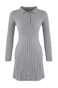 TRENDYOLMİLLA Gray Plain Mini Polo Shirt Collar Ribbed Soft textured Knit Dress - Image 5