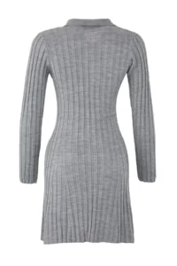 TRENDYOLMİLLA Gray Plain Mini Polo Shirt Collar Ribbed Soft textured Knit Dress - Image 6