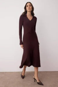 TRENDYOLMİLLA Brown skater Ruffle Detailed V-neck Button Detailed interlock Flexible Knitting Dress