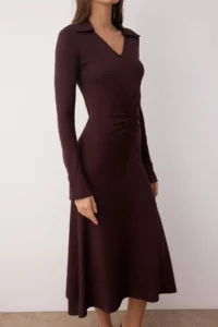 TRENDYOLMİLLA Brown skater Ruffle Detailed V-neck Button Detailed interlock Flexible Knitting Dress - Image 3