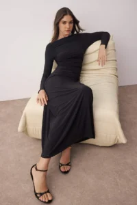 TRENDYOLMİLLA Black Plain Ruffle Detailed Asymmetric Skirt Detailed Boat Neck Flexible Midi Knitting Dress - Image 2