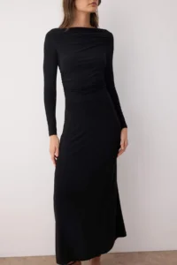 TRENDYOLMİLLA Black Plain Ruffle Detailed Asymmetric Skirt Detailed Boat Neck Flexible Midi Knitting Dress - Image 3